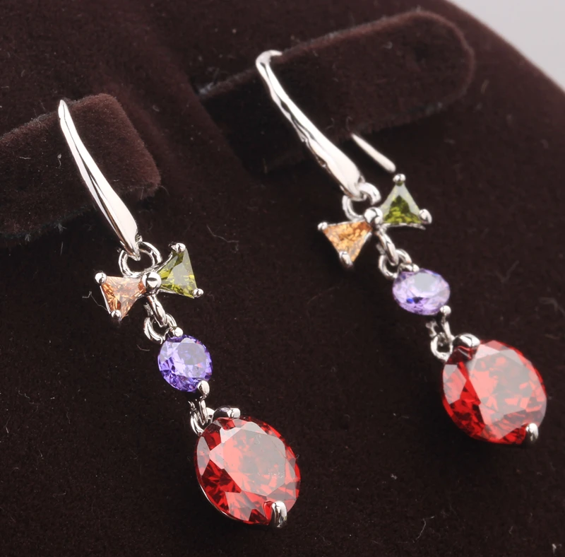 Разноцветные серьги подвески с бантом морганит красный фиолетовый гранат