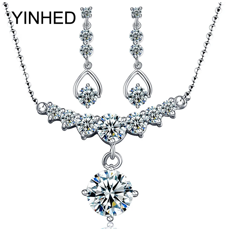

YINHED роскошные свадебные комплекты ювелирных изделий для женщин белого золота кубического циркония серьги и ожерелье комплект ювелирных из...