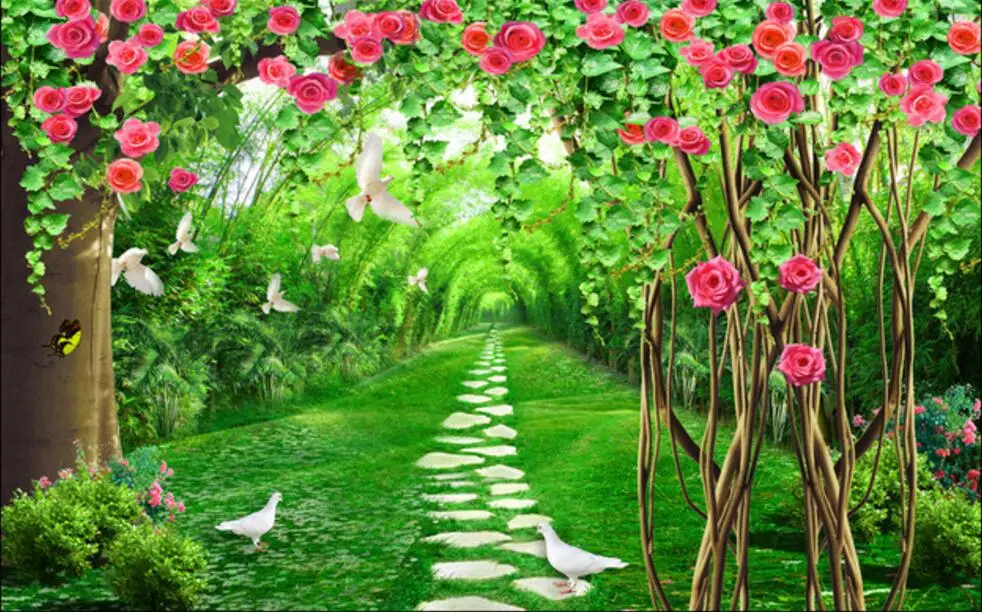 Настенные 3d фотообои на заказ для гостиной с цветами из ротанга лесом дорожками