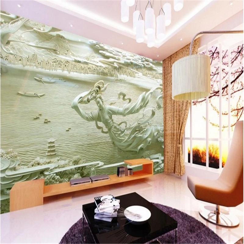 

Большие пользовательские обои beibehang, чанъе летающие 3D трехмерные рельефные обои для китайской гостиной, фоновая стена