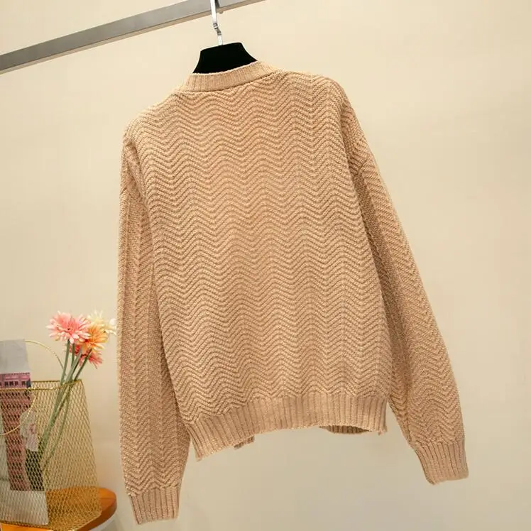 2019 For Girl Casual Knitted Sweater Autumn Korean Women Slim Solid Color Pocket Design Cardigan Khaki White Blue Brown |