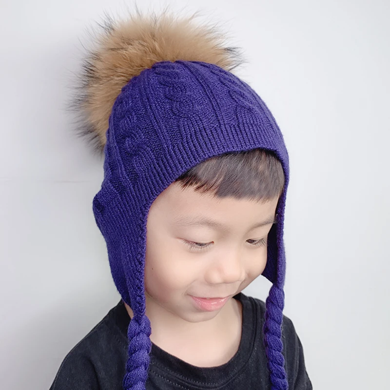 

Baby Hat Wool Knitted Earflap Beanie Cap Kids Winter Hats For Children Big Real Fur Pompom Hat Skullies