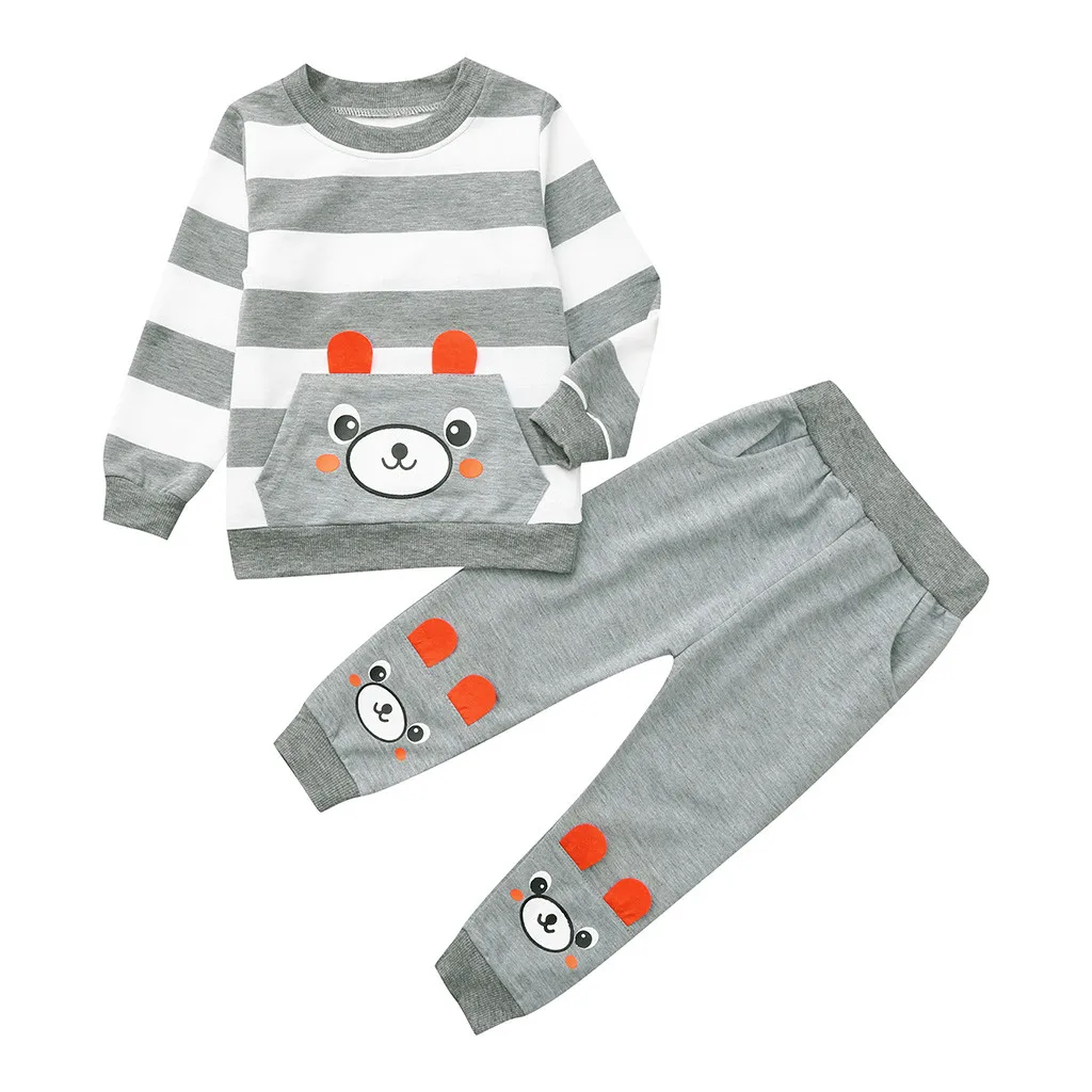 Toddler Kids Baby Boy Cartoon Striped Bear Printed Tops Pants Outfits Set | Детская одежда и обувь