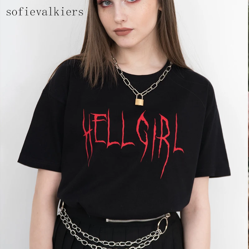 Hell Girl Tumblr Harajuku футболка летний Черный Топ Женский Повседневный хлопковый топ 90s эстетические футболки Корейская одежда Прямая поставка