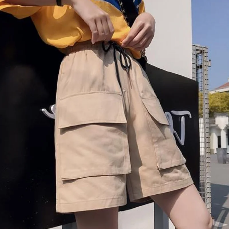 beige front pocket Женские длинные шорты из чистого хлопка,, летние новые повседневные короткие свободные шорты с карманами, высокая талия и бедра, шорты в стиле хип-хоп - Цвет: beige front pocket