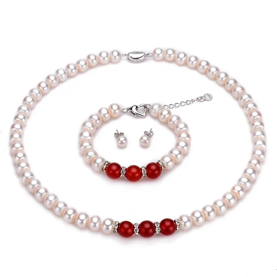 

Bridal Jewelry Set Natural AAAA Freshwater Semiround Pearls Woman 925 Silver Necklace Earrings Braceletsfor Engagement/Wedding