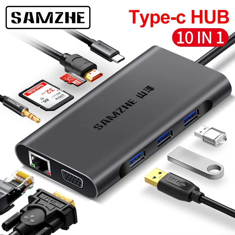 SAMZHE usb-хаб type C к HDMI RJ45 кард-ридер адаптер для MacBook samsung Galaxy S9/Note 9 huawei P20 Pro