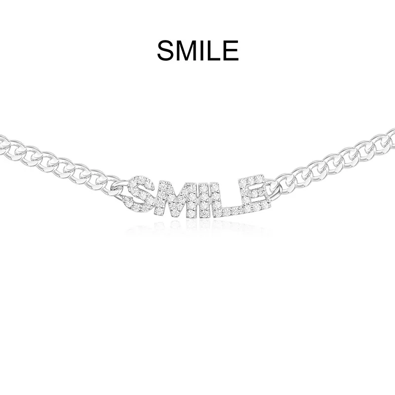 Цепочка SLJELY с надписью SMILE Женская чокер из серебра 925 пробы кубическим цирконием