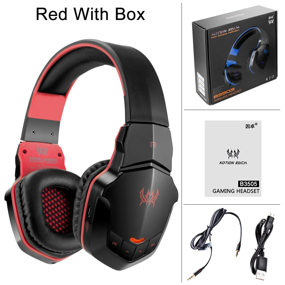 Red With Box KOTION EACH B3505 Беспроводные Bluetooth Игровые наушники для телефона бас стерео гарнитура повязка на голову с микрофоном для компьютера ПК - Цвет: Red With Box