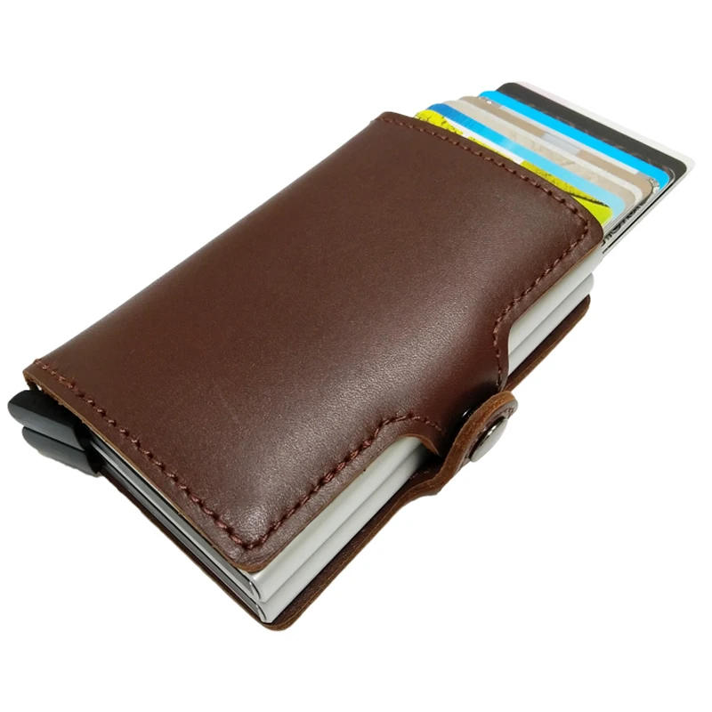 VM FASHION KISS Genuine Leather Double Aluminum Box RFID Safe Card Wallet Credit Card Information Anti-theft Brush Card Holder