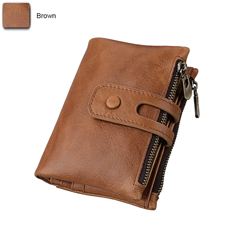 Brown ATAXZOME, модный ретро маленький кошелек, кошелек для хранения, натуральная кожа, унисекс, двойная молния, большой объем, короткий кошелек, блок RFID - Цвет: Brown