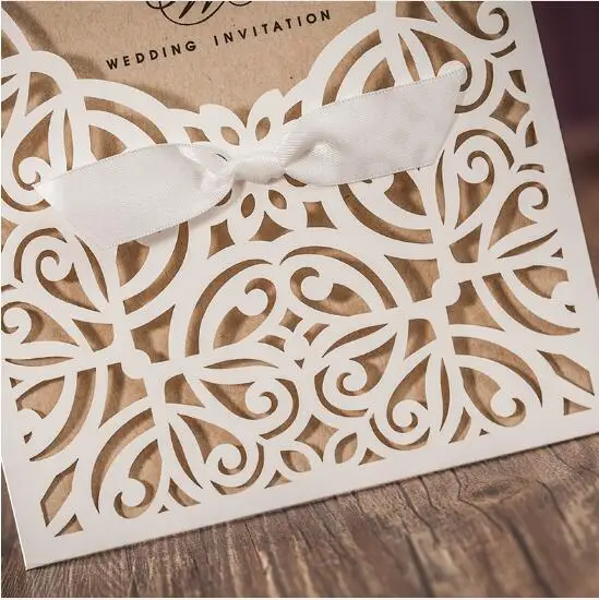 50pcs White Laser Cut Wedding Invitations Card Greet Personalized Custom With Ribbon Free Envelope &amp Seals Party Supplies | Дом и сад