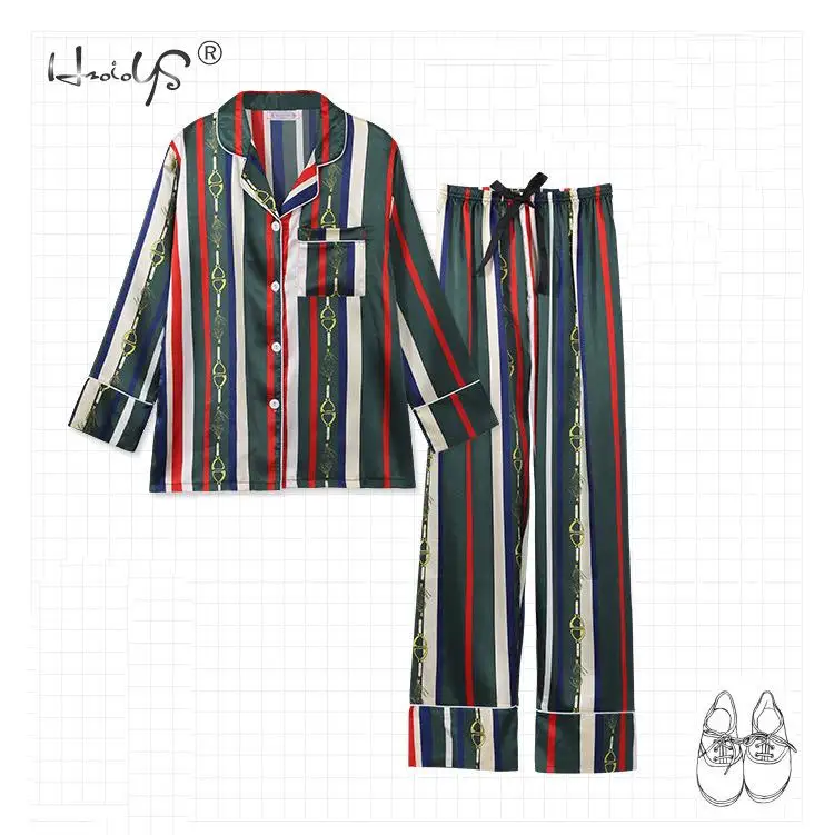 Stripe Printing Women's 7 Pieces Pajamas Sets Emulation Silk Satin Pajamas Women Sleepwear Sets Spring Summer Autumn Homewear