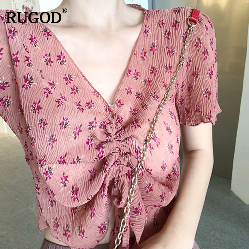 RUGOD 2019 летние милые укороченные топы с цветочным принтом и кулиской футболка