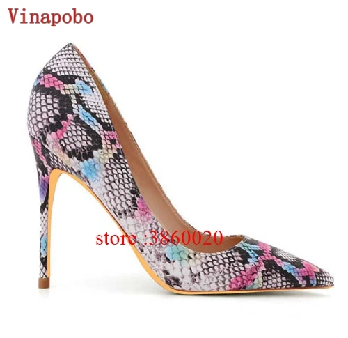 12cm VINAPOBO/женские туфли-лодочки из матовой кожи со змеиным принтом; цвет красный, черный; вечерние туфли на высоком каблуке-шпильке с острым носком; пикантные офисные свадебные туфли - Цвет: 12cm