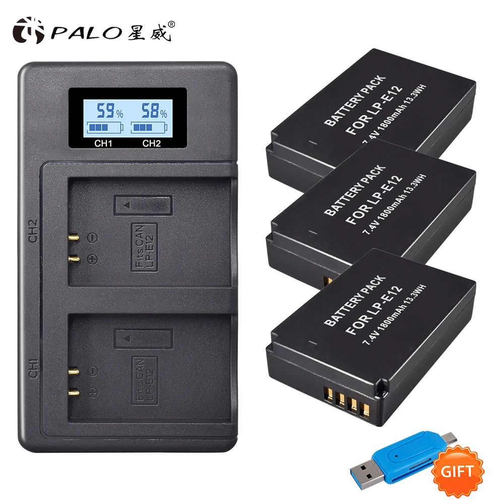 3 шт. Акку LP E12 LPE12 батарея 7 4 В 1800 мАч + 1 USB зарядное устройство с ЖК дисплеем для Canon