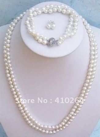 

hot sell Beautiful 2Rows White Freshwater Pearl Necklace Set