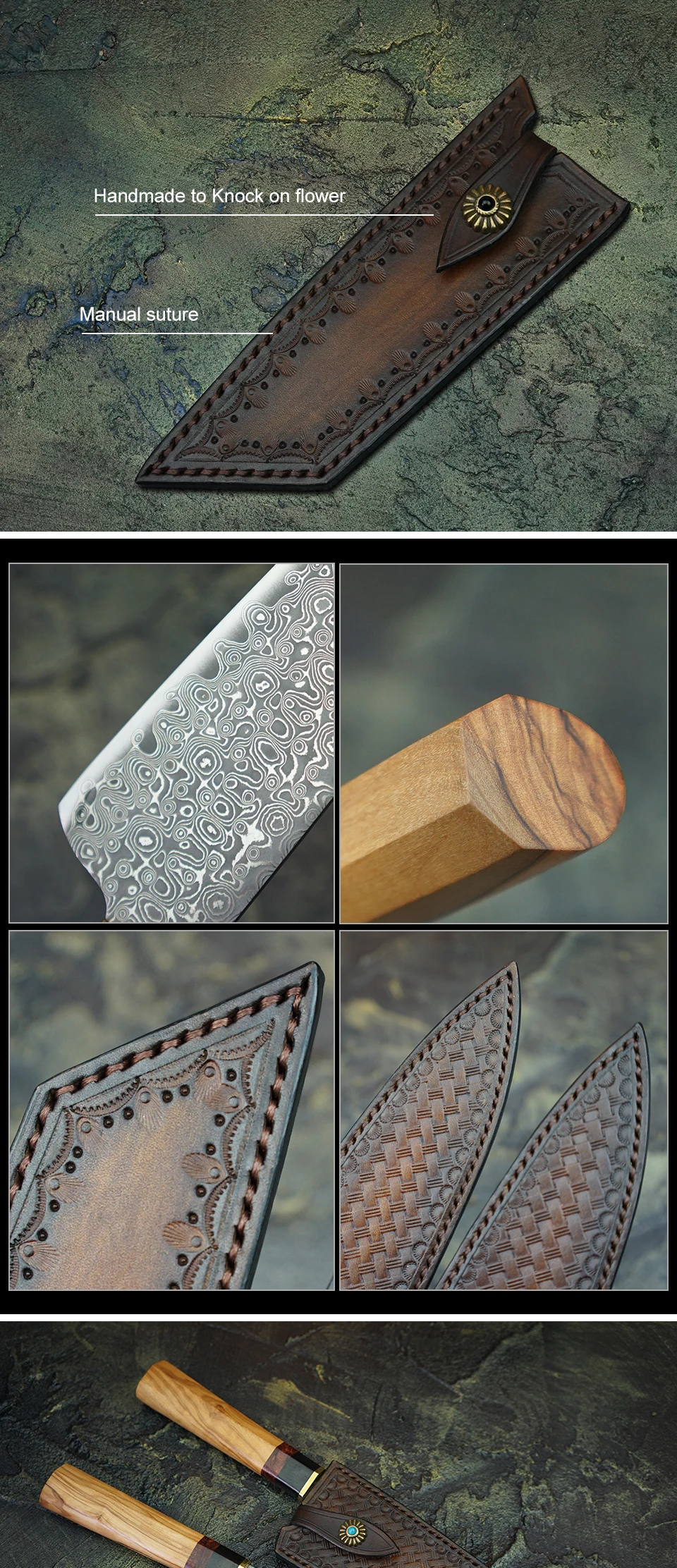 FZIZUO дамасский стальной нож шеф-повара японские ножи Santoku оливковая деревянная ручка кухонные инструменты для приготовления пищи с кожаной оболочкой ручной работы