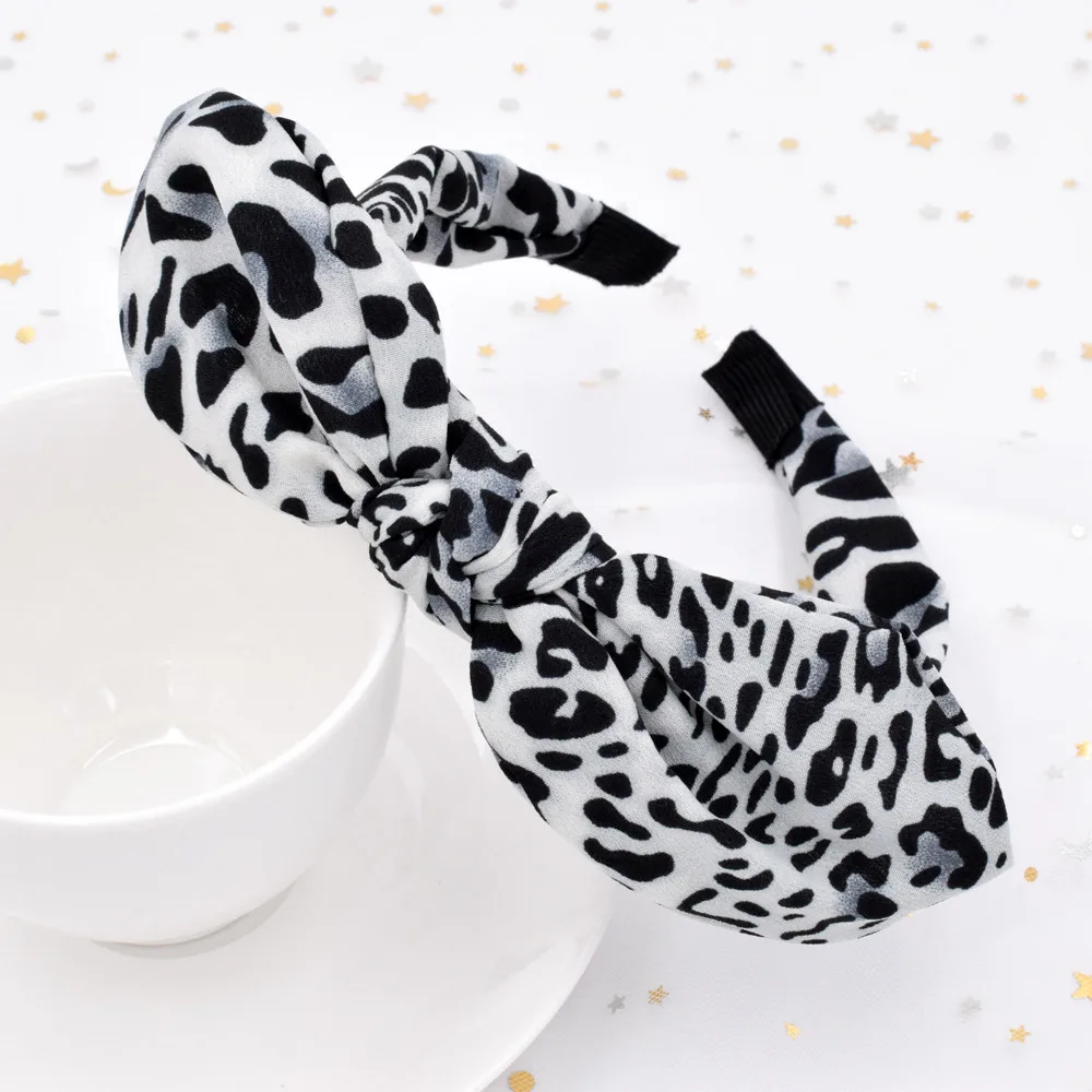 Leopard White Милая повязка на голову с заячьими ушками леопардовой расцветки, Винтажный дизайн змеиной кожи, повязки для волос для женщин, повязка на голову с перекрестными узелками, аксессуары для волос для девочек - Цвет: Leopard White