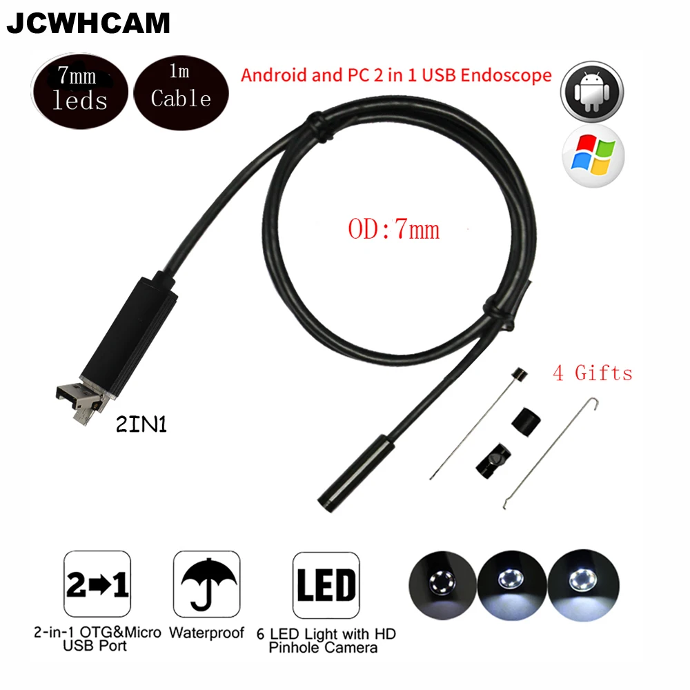 Камера Эндоскоп JCWHCAM с объективом 7 мм USB 1 м 2 м|usb endoscope waterproof|endoscope waterproofusb |