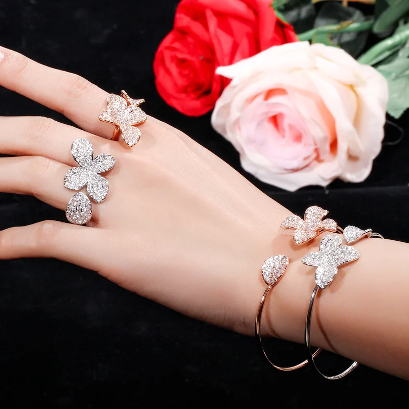 CWWZircons Adjustable Size Full Cubic Zirconia Rose Gold Color Flower Leaf Cuff Bangle Bracelet and Ring Sets for Women T071|Ювелирные