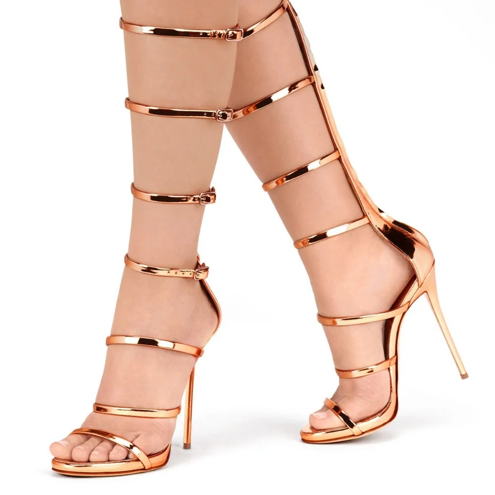 

Newest 2018 Metallic Leather Cross Strappy Sandals Boot Metal Buckle Boots Stiletto Heels Women Hollow Knee High Botas Free Ship