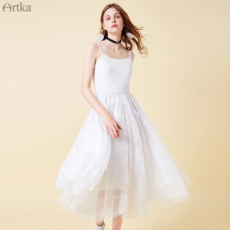 Женское платье на бретельках ARTKA белое без рукавов А силуэта лето 2019|Женские