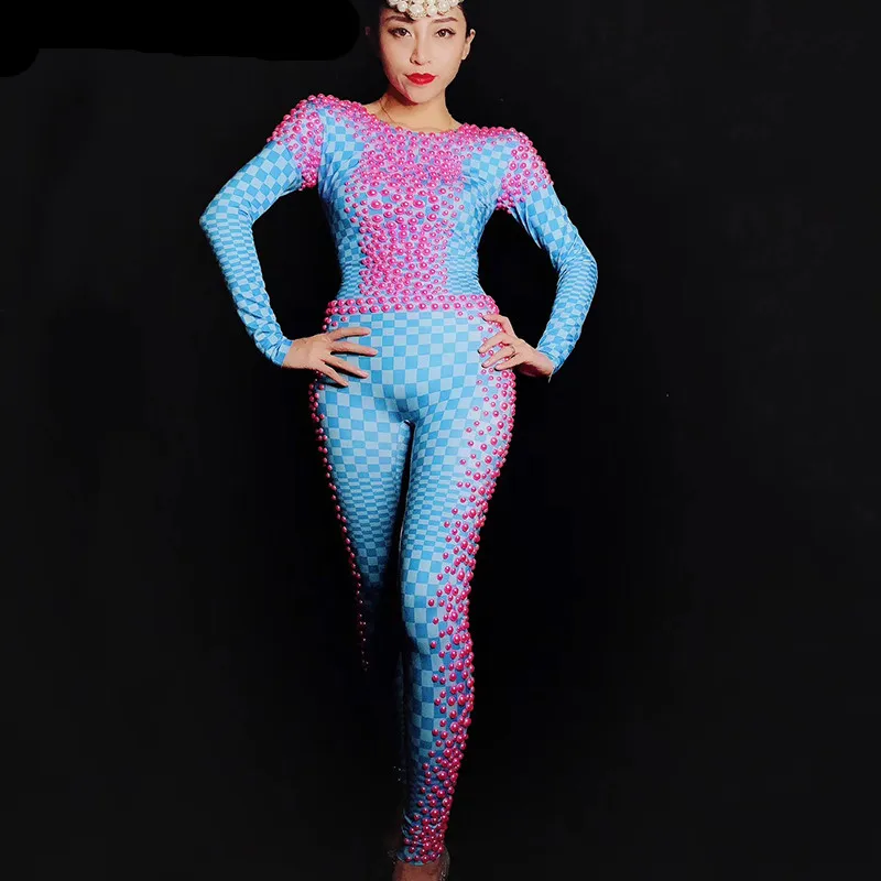Новые женские синий плед печати пикантные розовые бисер комбинезон с камнями для