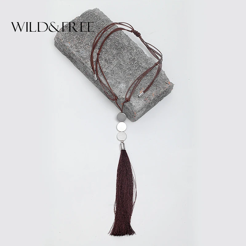 Женское длинное коричневое ожерелье из плетеной кожи с кисточкой винтажное