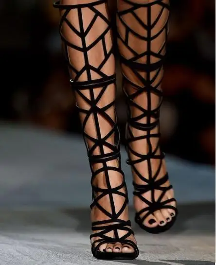 Top Quality Fashion Black Suede Leather Cage Boots Cut-out Peep Toe Gladiator Sandals Boot For Women Free Ship