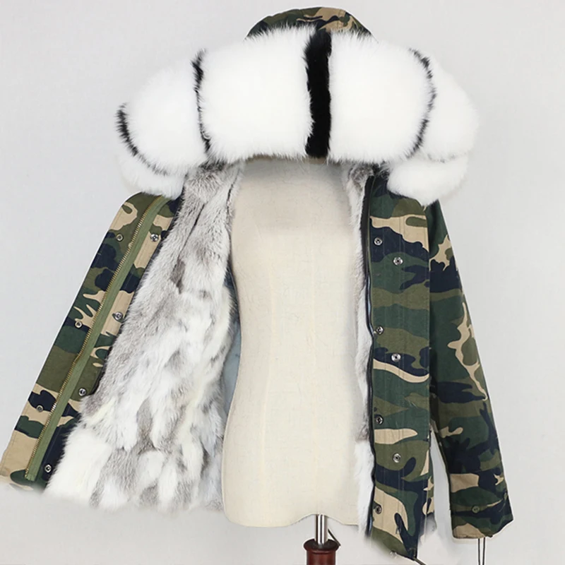 camo white stripe Зимняя женская куртка, пальто с натуральным мехом, парка с воротником из натурального меха енота, Толстая теплая подкладка из кроличьего меха, уличная одежда, новинка, повседневная одежда - Цвет: camo white stripe