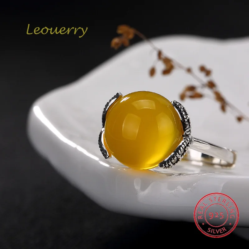 

Leouerry 925 стерлингового серебра с натуральным топазом агат кольцо, оригинал, Ретро стиль, марказит камень Открытые Кольца для женщин, хорошее ...