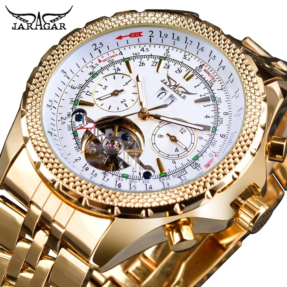 

Jaragar Golden Stainless Steel Tourbillion Design Calendar Display Mens Watches Top Brand Luxury Automatic Mechanical Wristwatch