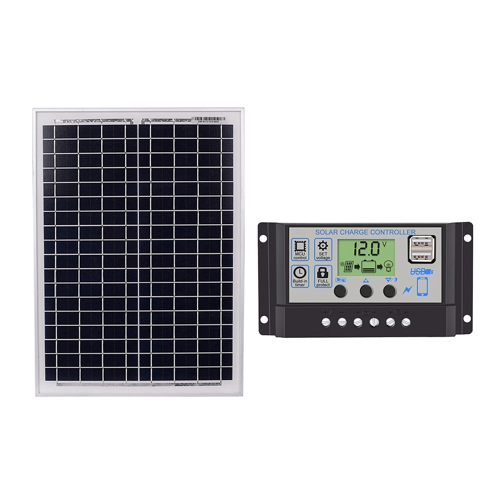 Черный 18V20W солнечные панели + 30A 12 В/24 В Солнечный контроллер с USB