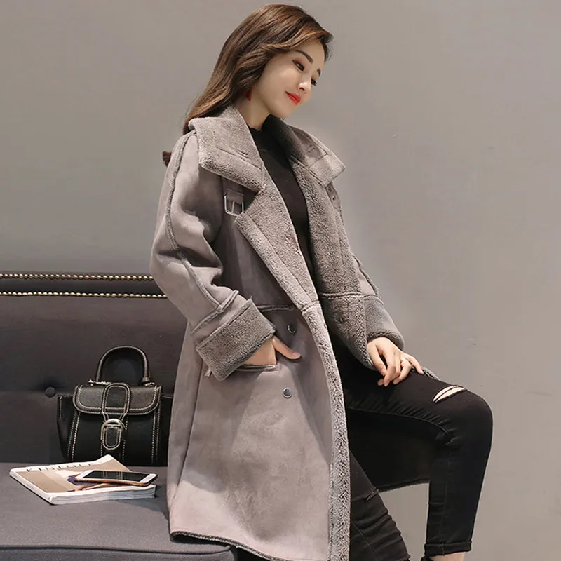 Тренчи женские толстые зимние замшевые меховые пальто длинные двубортные