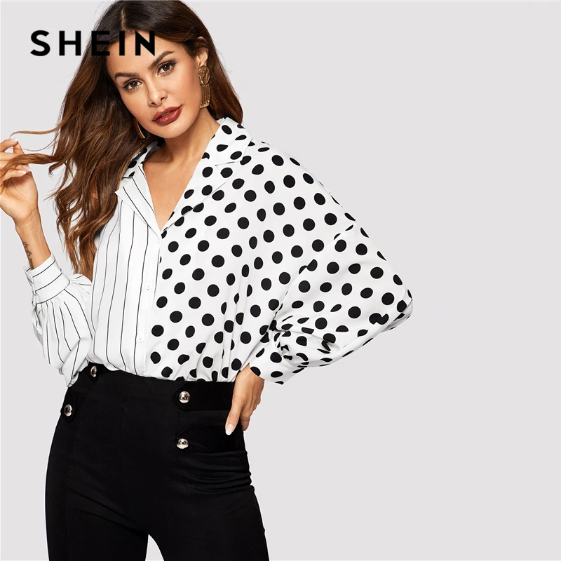 SHEIN женская блузка в черно-белую полоску и горошек с длинным рукавом и пуговицами, весна, повседневный Топ, блузки