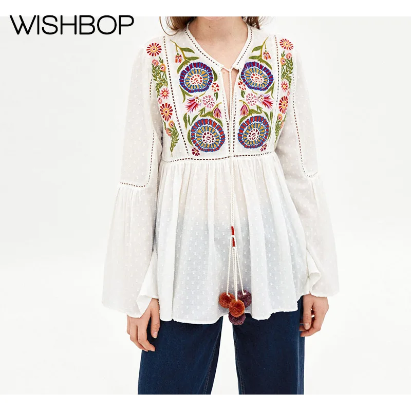 Новинка 2018 женская блузка Wishbop с вышивкой хлопковые топы и завязки спереди