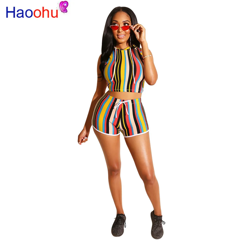 

HAOOHU Striped 2 Piece Set Women Tracksuit Summer Clothes Crop Top and Biker Shorts Sweat Suits Sports Wear Two Piece Outfits