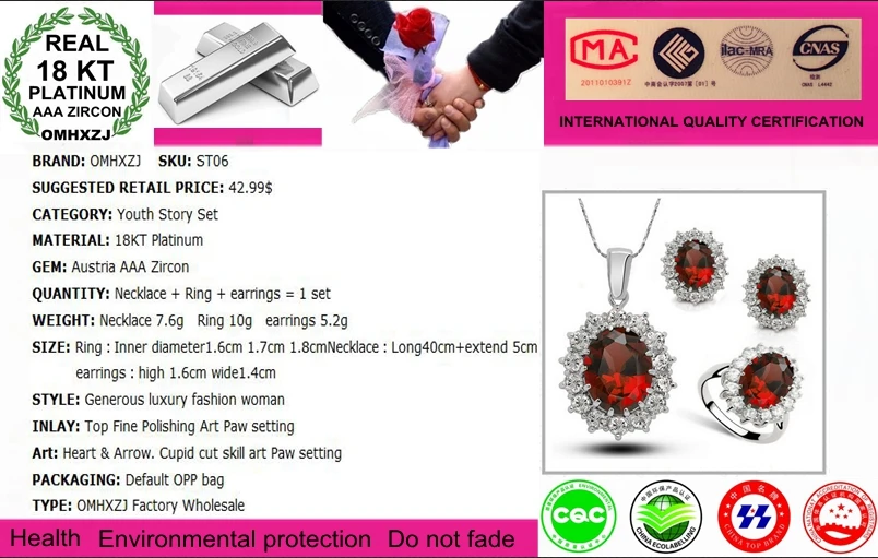 Набор ювелирных изделий OMHXZJ Wholesale Woman Fashion Youth Story AAA Zircon Crystal 18KT Platinum Silver Necklace Earrings Ring Jewelry Sets ST06.