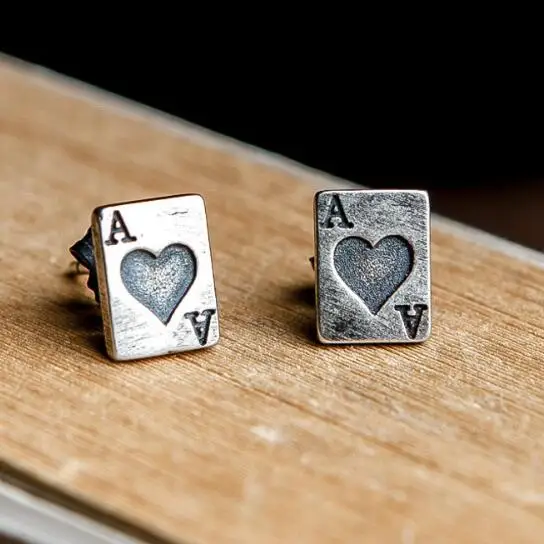 Personalized Heart Playing Poker Cards Stud Earrings Genuine 100% 925 Sterling Silver Punk Style Jewelry | Украшения и аксессуары
