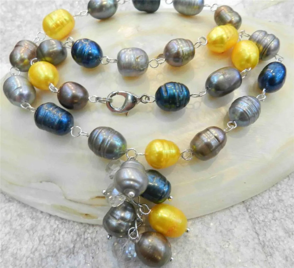 

HOT## Wholesale FREE SHIPPING >>> 10-11MM NATURAL TAHITIAN MULT-COLOR PEARL NECKLACE 18" CRYSTAL & PEARL PENDANT