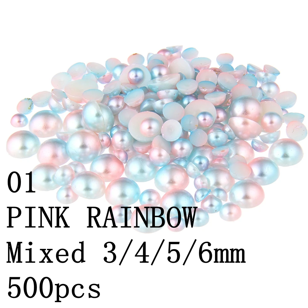 01 PINK Mix 500pcs Маленькая упаковка радужных полукруглых жемчужин 3 мм 4 мм 5 мм 6 мм с плоской задней частью, имитация рукоделия, свадебные платья, 3D украшения для дизайна ногтей - Цвет: 01 PINK Mix 500pcs
