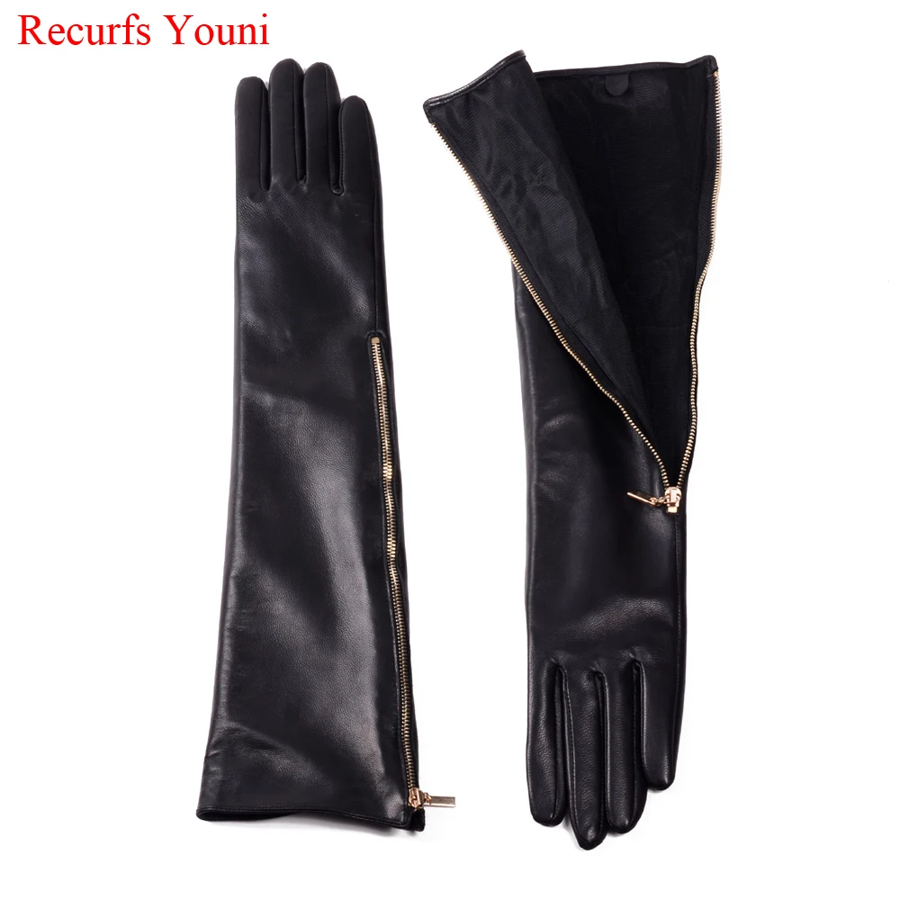 Novelty Female Winter Genuine Leather Side Golden Zipper 45CM Long Gloves For Women Mujer Evening Party Black Sleeve Thin Luvas