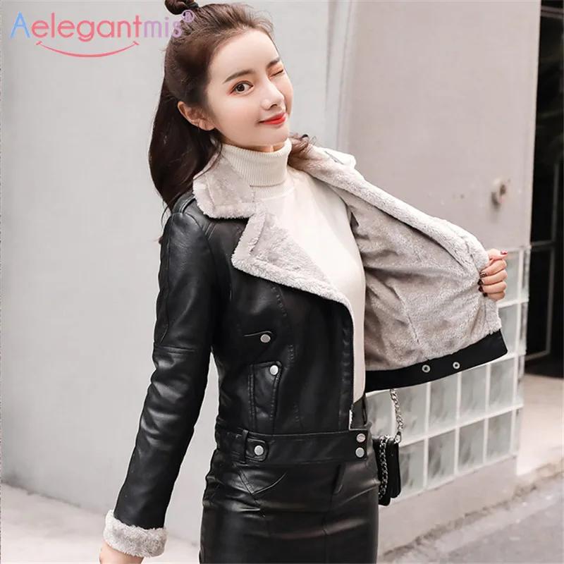 Black Warm Aelegantmis, пальто из искусственного меха, женская кожаная куртка, Осень-зима, теплая плюшевая толстая верхняя одежда, Женская шерстяная куртка с меховым воротником, базовые куртки - Цвет: Black Warm