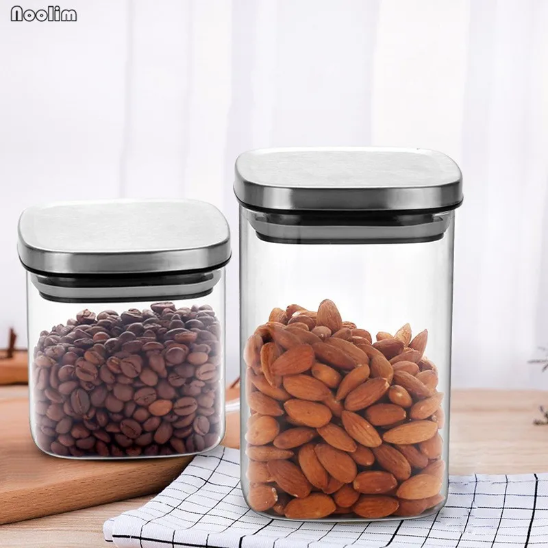 Квадратные стеклянные банки с крышкой из нержавеющей стали для специй различных