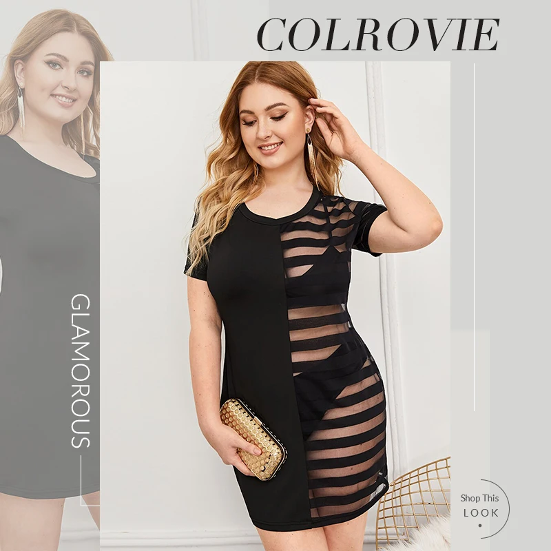COLROVIE Plus контрастное Сетчатое Прозрачное платье без нижнего белья женское черное прямое короткое платье летнее Сексуальное Женское Платье