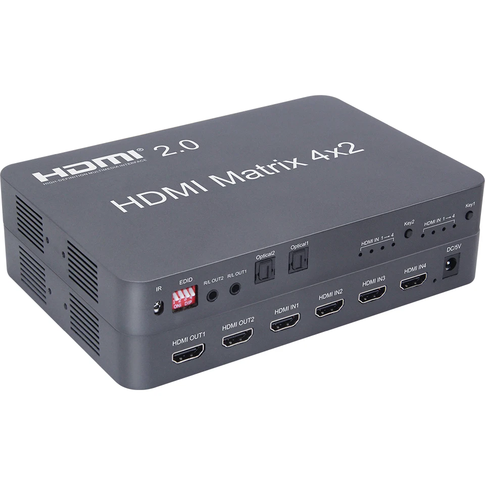 

4x2 HDMI 2.0 Matrix splitter 4 x HDMI signal input 2 output Support for fiber and stereo headphone output