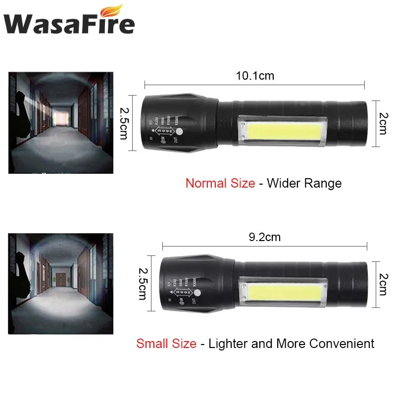 Мини фонарик Wasafire Q5 & Cob светодиодный масштабируемый алюминиевый с 3 режимами