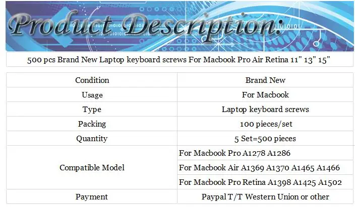 500 шт. ноутбук клавиатура винты для Macbook Pro retina Air 1" 11" 1" A1278 A1286 A1369 A1370 A1465 A1466 A1398 A1425