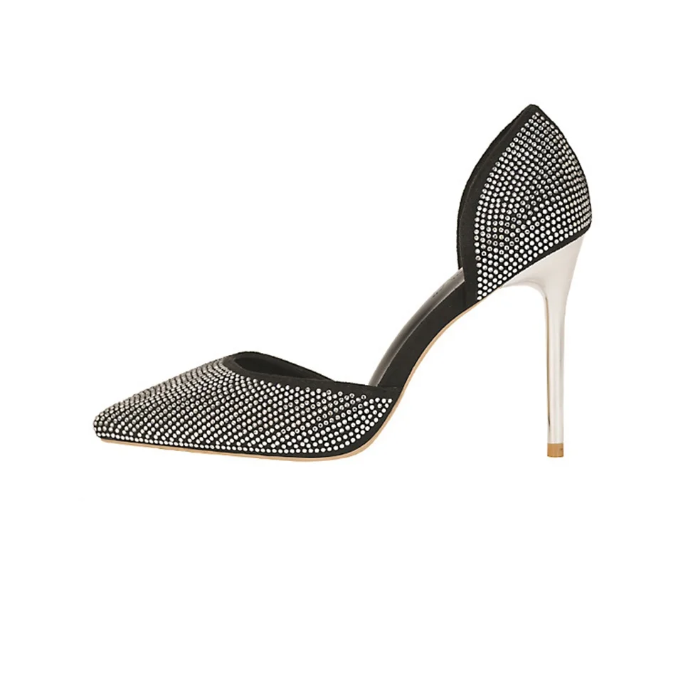 Женские босоножки на высоком каблуке 10 см с острым носком блестящими стразами